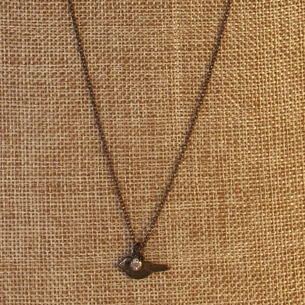 Necklace ~ Antique Bronze Tone Chain with Bird & Rhinestone Pendant
